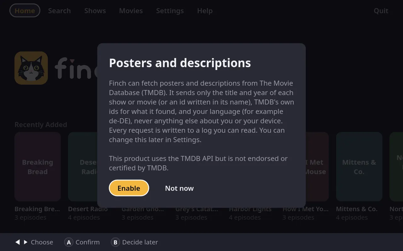Finch's first launch, asking whether to fetch posters and descriptions.