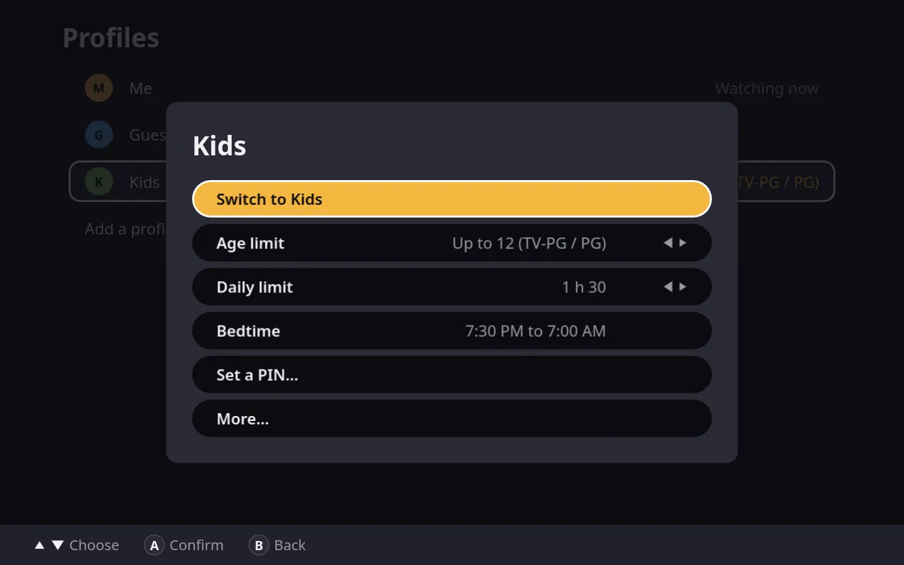 A kid's profile settings in Finch, with an age limit, screen time and bedtime.