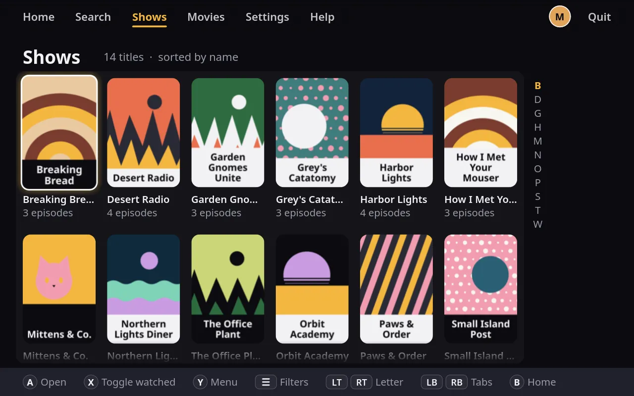 Finch's library of shows, with one poster picked out in gold.