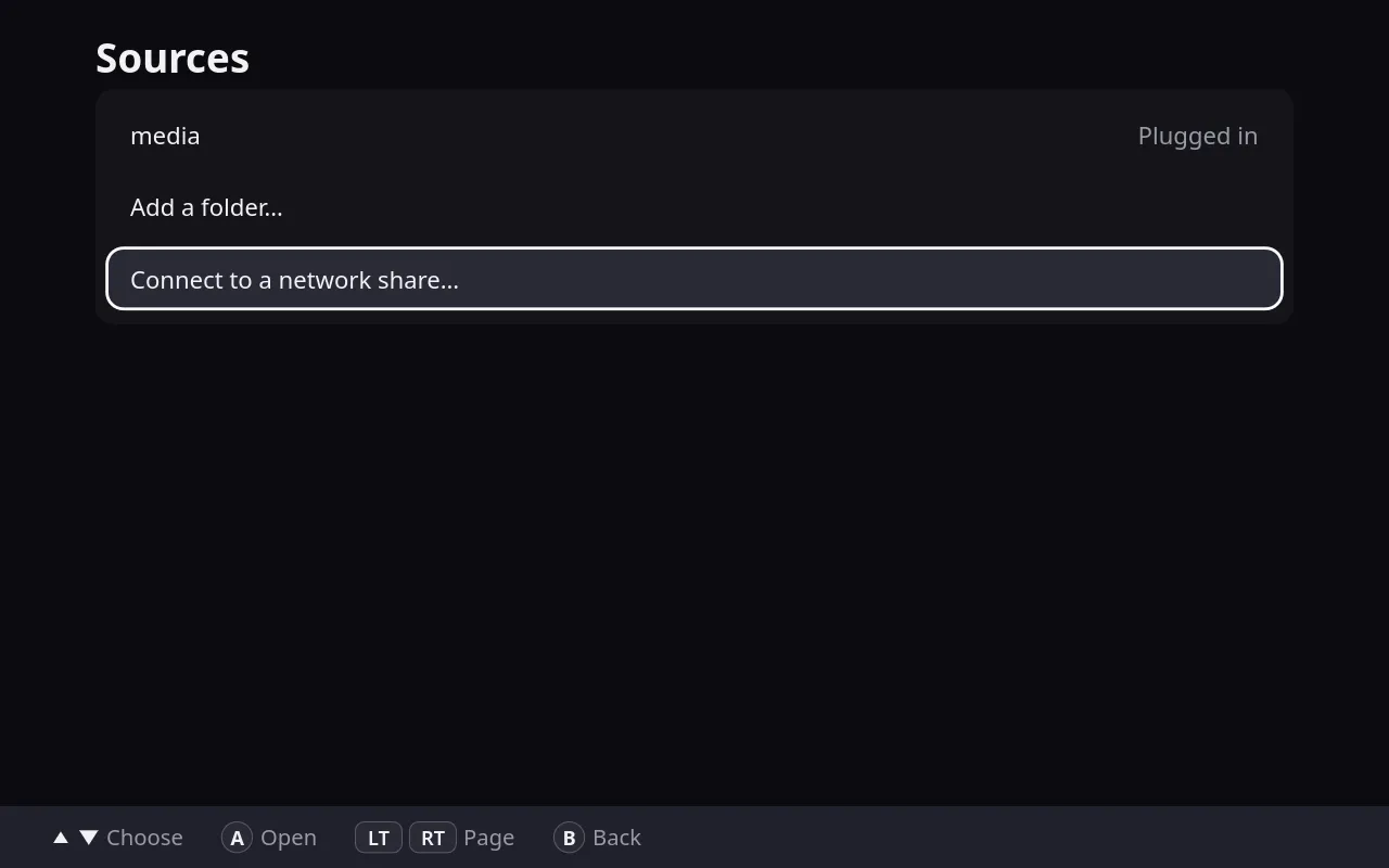 Finch's sources, with a folder added and the choice to connect to a network share.