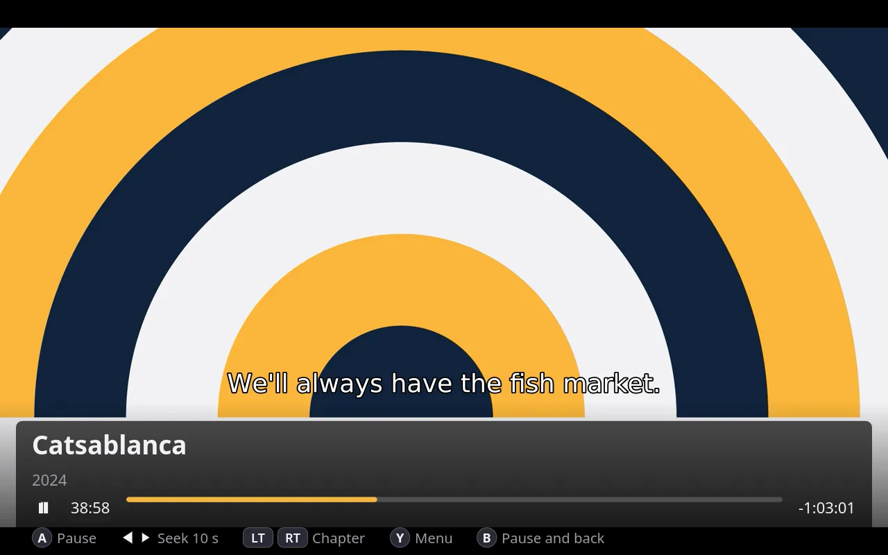 A film playing in Finch, with a subtitle on screen and the progress bar below.
