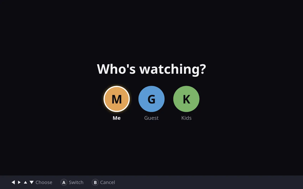 Finch asking who's watching, with three profiles to pick from.