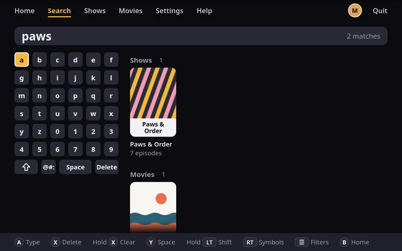 Finch's search, typing on an on-screen keyboard with results filling in.